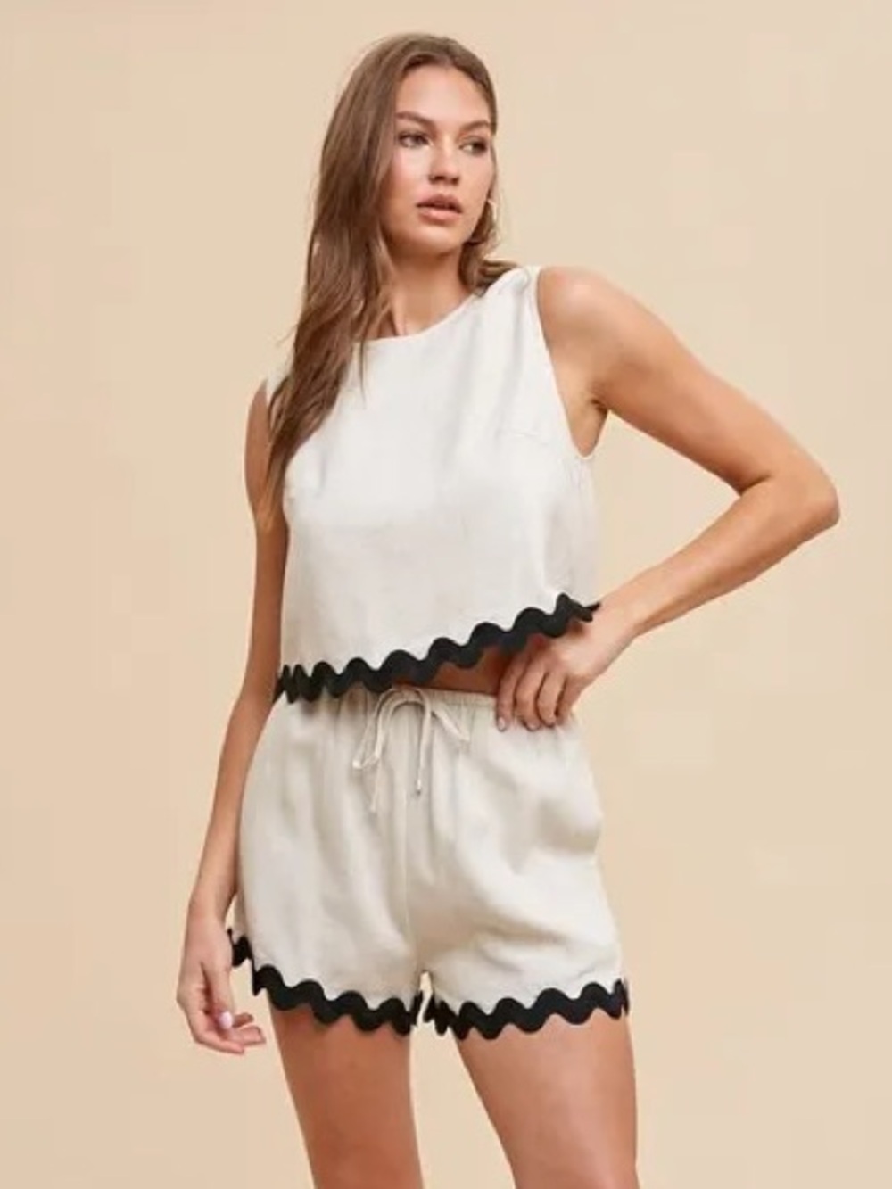Anniewear linen set contrast trim scalloped beige tank crop top shorts neutral